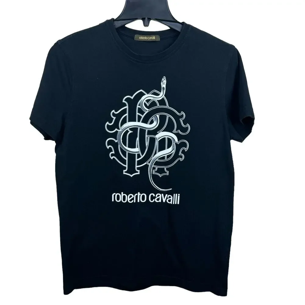 Men's Roberto Cavalli Black Snake Print Short‎ Sleeve Crewneck Cotton T-Shirt S